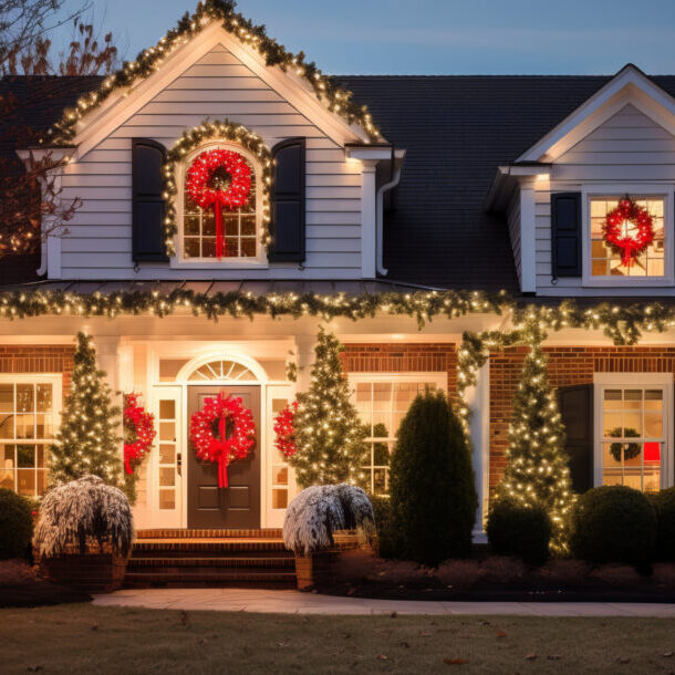 A house covered with christmas lights and festive decorations for the holiday season.